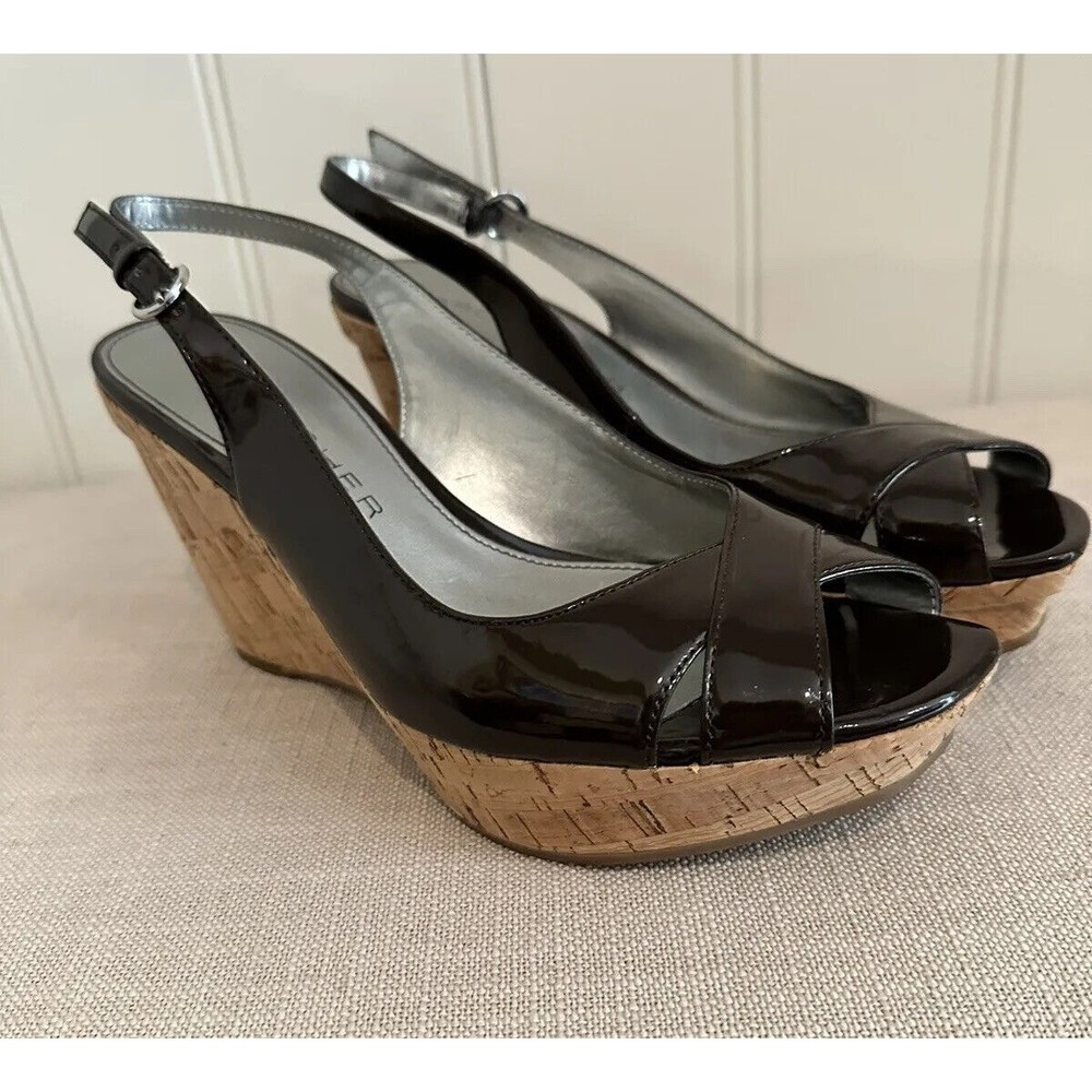 Marc Fisher Brown Patent Faux Leather Cork Wedges, Open Toe, Size 8.5M